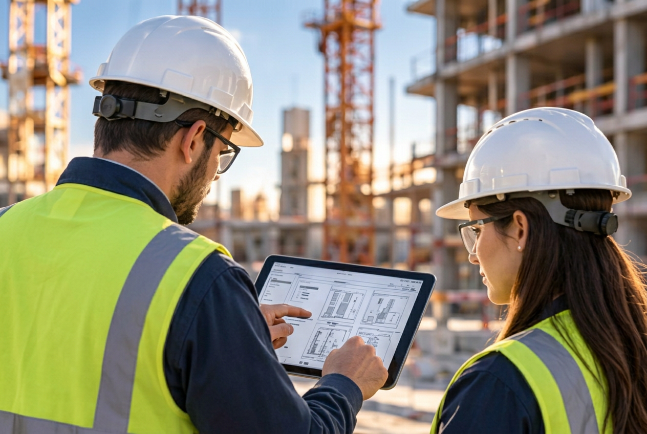 Illustrative construction software workspace with a tablet and project records